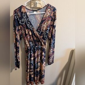 Women's Venus Long Sleeve Dress Navy Blue Paisley with Belt Medium boho